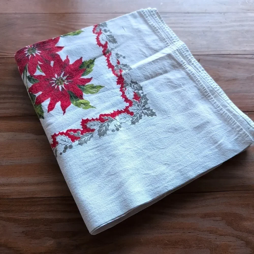 Vintage Mid Century Poinsettias Christmas Tablecloth, 52